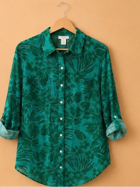 Tops - Teal Floral Print Tunic Top with Button Tab